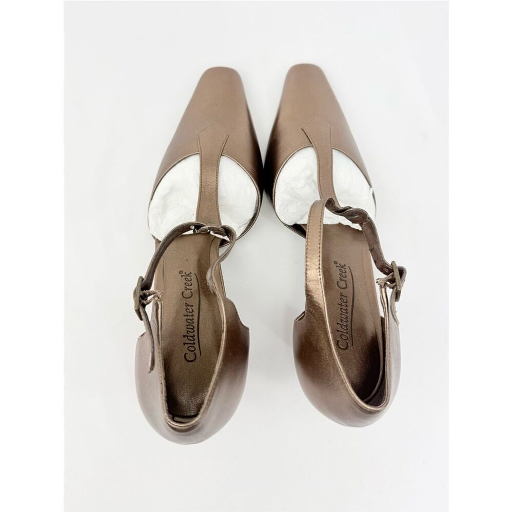 Coldwater Creek Bronze Metallic T Strap Pointed Square Toe Kitten Heel Pumps NEW - Picture 11 of 16